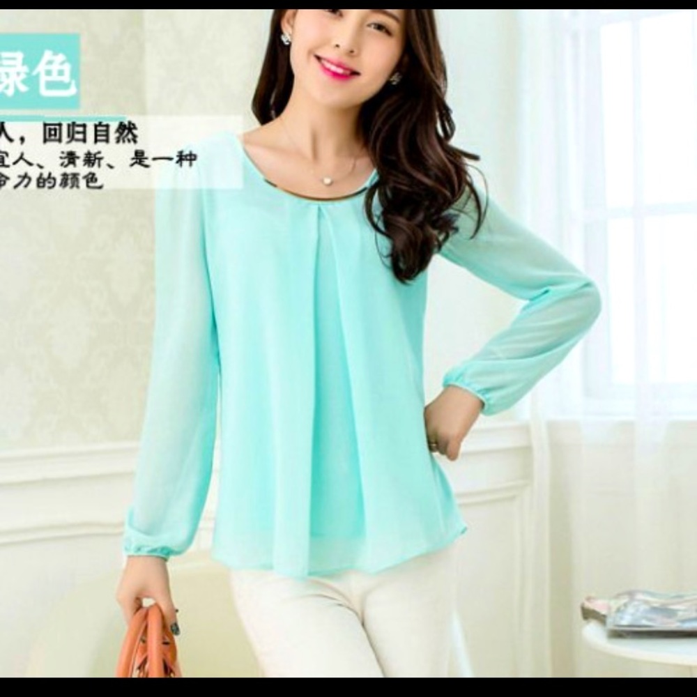 Turquoise chiffon long sleeve shirt